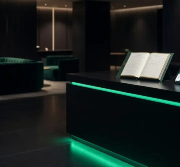 Elegáns, sötét íróasztal emerald fényekkel, ahol Hualtriona-események foglalását intézik