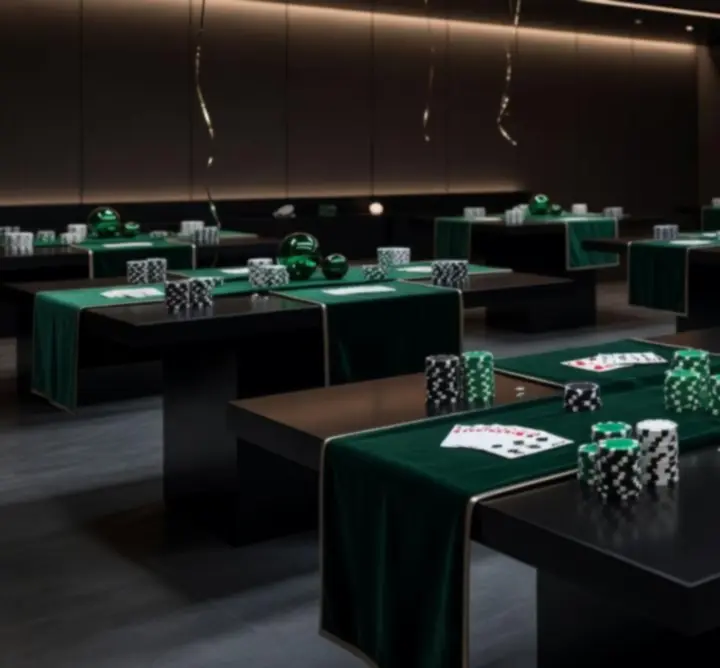 Modern, elegáns Hualtriona eseménytér fekete és grafit falakkal és emerald fényekkel