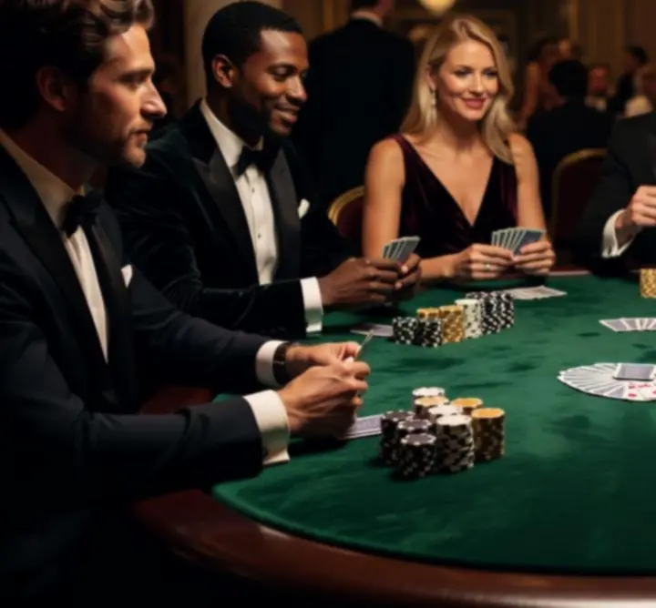 Közeli kép prémium pokerasztalról és zsetonokról egy elegáns, offline társas esten